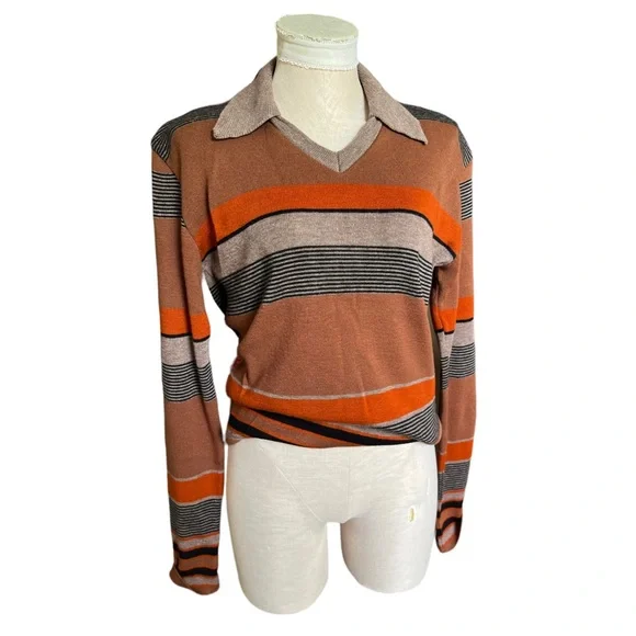 Vintage 70s Campus Knit Striped Collared V-Neck Long Sleeve Sweater Brown - Picture 4 of 10